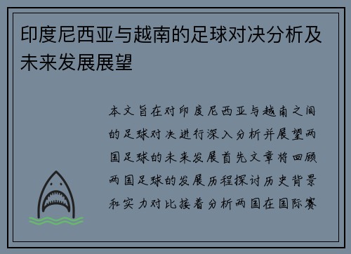 印度尼西亚与越南的足球对决分析及未来发展展望